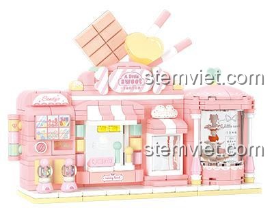 Mô hình đồ chơi mô hình Cửa hàng kẹo Wekki 516607 mở rộng, thể hiện chi tiết nội thất, màu sắc ngọt ngào cho bé gái.