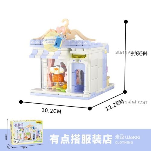 Ảnh kích thước chi tiết của đồ chơi mô hình Wekki 516616 và hộp sản phẩm Tiệm quần áo mini, giá tốt.
