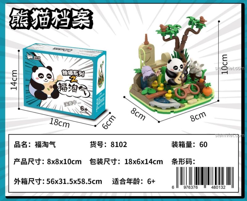 Hộp sản phẩm Welleadz 8102 Mô hình Gấu Trúc Phúc Đào Khí, bộ lắp ghép gấu trúc và thỏ, thể hiện kích thước hộp và mô hình, giá tiết kiệm.