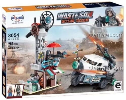Mặt sau hộp đồ chơi xếp hình Winner 8054, thể hiện các tính năng của mô hình Trạm Bơm Nước Hậu Tận Thế.