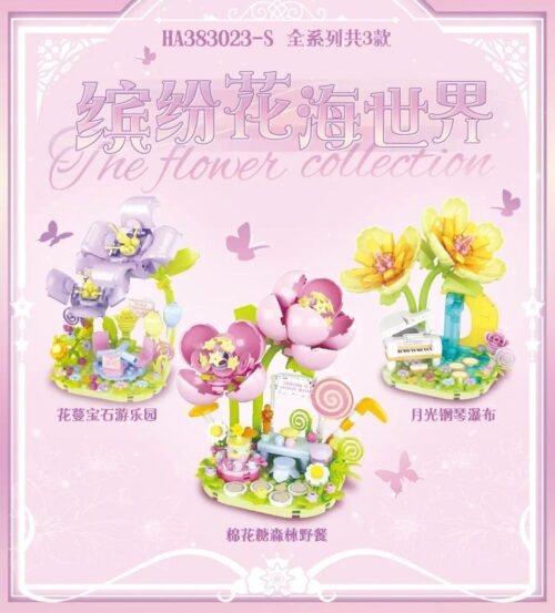 bộ lắp ghép Wise Block HA383023-S The Flower Collection gồm 3 mẫu Dã Ngoại Rừng Kẹo Bông, Công Viên Đá Quý và Thác Dương Cầm Ánh Trăng cho bé gái 6 tuổi.