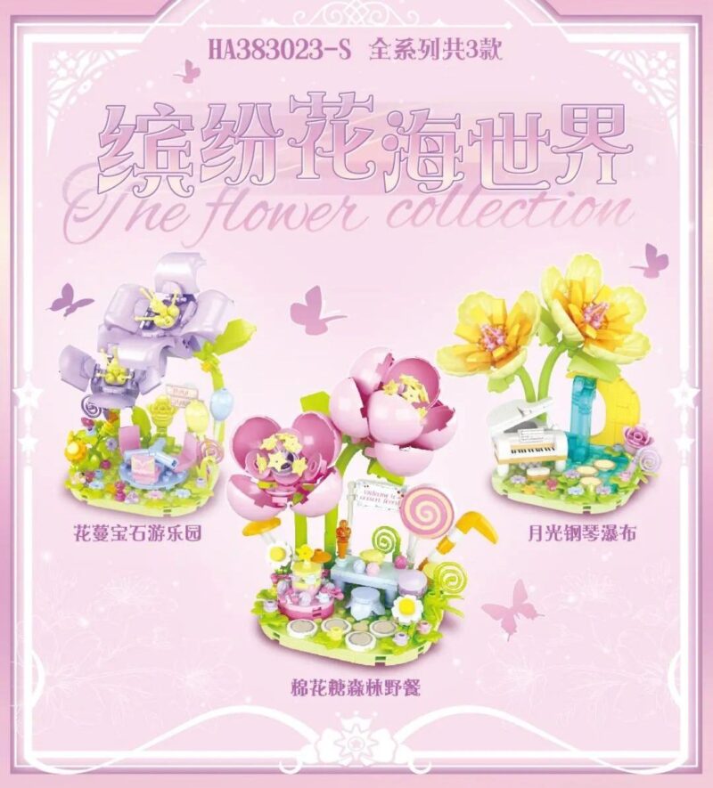 bộ lắp ghép Wise Block HA383023-S The Flower Collection gồm 3 mẫu Dã Ngoại Rừng Kẹo Bông, Công Viên Đá Quý và Thác Dương Cầm Ánh Trăng cho bé gái 6 tuổi.