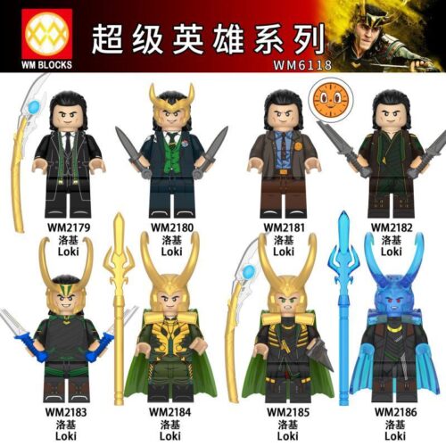 Bộ đồ chơi Minifigure Loki WM6118, mô hình 8 biến thể Thần Lừa Lọc Loki từ Marvel cho bé trai 6 tuổi, giá rẻ.