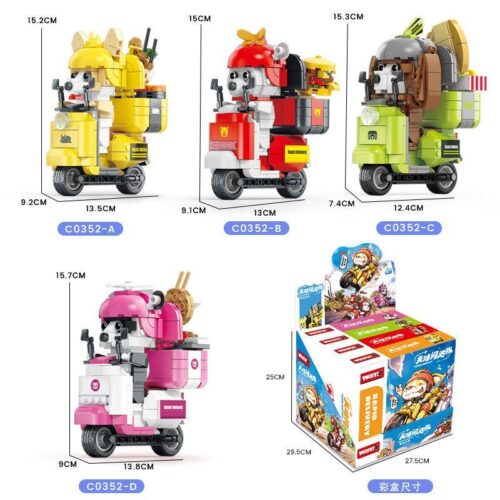 Kích thước chi tiết của bộ lắp ráp WOMA C0352 Đội Giao Hàng Thần Tốc với 4 shipper động vật siêu cute cho bé trai và bé gái 6 tuổi.
