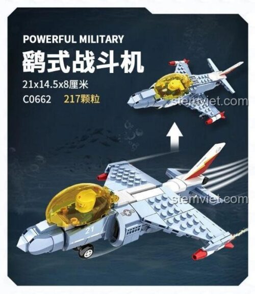 Mô hình Máy bay chiến đấu Harrier WOMA C0662 Powerful Military với kích thước 21x14.5x8cm, đồ chơi lắp ráp 217 mảnh cho bé trai