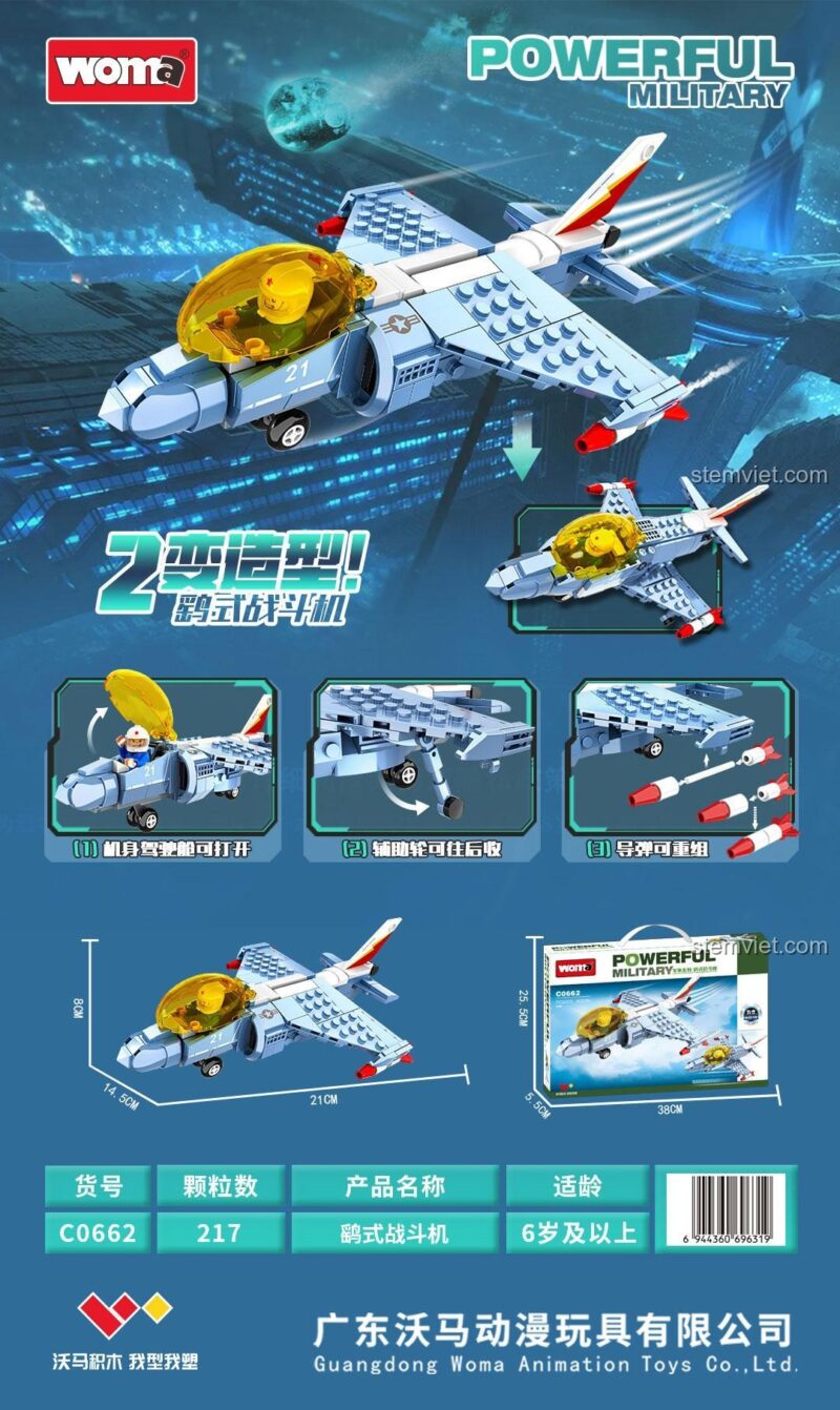 Chi tiết tính năng Máy bay chiến đấu Harrier WOMA C0662: buồng lái mở, bộ phận hạ cánh thu vào, tên lửa tháo rời, đồ chơi quân sự cho bé trai