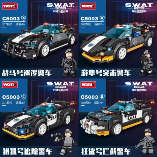 Tổng hợp 4 mẫu trong bộ lắp ráp Xe cảnh sát đặc nhiệm WOMA C5003, món đồ chơi mô hình hấp dẫn cho bé trai 6 tuổi.