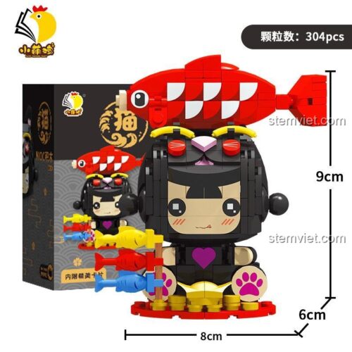 Hình ảnh bộ xếp hình Mèo Thần Tài 2054 thể hiện rõ kích thước 8x6x9 cm, phù hợp làm đồ trang trí bàn học.