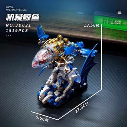 Mô hình lắp ráp Cá Voi Cơ Khí Steampunk XiaoJiaoDu JD031 với 1519 chi tiết, thể hiện kích thước 27.5cm x 8.5cm x 18.5cm, đồ chơi cho bé trai 8 tuổi.