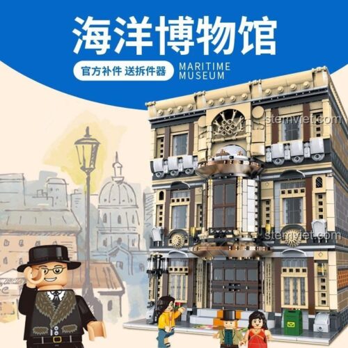 Ảnh quảng cáo đồ chơi mô hình Xingbao XB-01005 Bảo tàng Đại dương, đi kèm dụng cụ tháo gỡ và các minifigures.