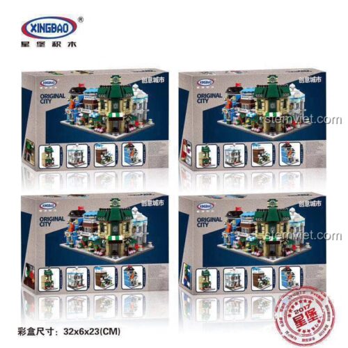 Bốn hộp nhỏ của bộ đồ chơi mô hình Khu phố thu nhỏ Xingbao XB-01105, thể hiện 4 cửa hàng có thể lắp ráp.