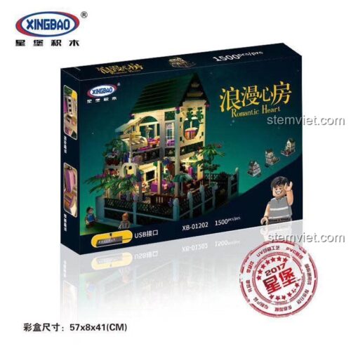 Hộp sản phẩm của bộ xếp hình XB-01202 Biệt Thự Sang Trọng từ hãng XINGBAO, với thông tin 1500 chi tiết và kích thước hộp.