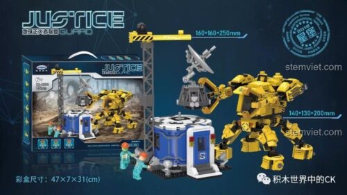 Kích thước chi tiết của đồ chơi mô hình Justice Guard Mecha Xingbao 02103, bao gồm robot cao 20cm và trạm chỉ huy cao 25cm.