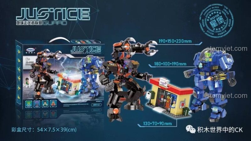 Kích thước chi tiết của bộ đồ chơi mô hình Robot chiến đấu khổng lồ Xingbao 02105, bao gồm 2 mecha và cửa hàng.