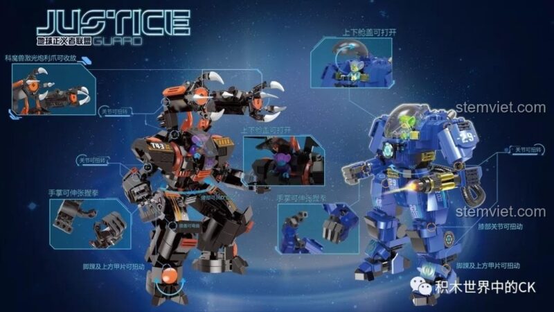 Các tính năng nổi bật của bộ xếp hình Xingbao 2105 Mecha Hộ Vệ Công Lý: khớp linh hoạt, buồng lái mở được.