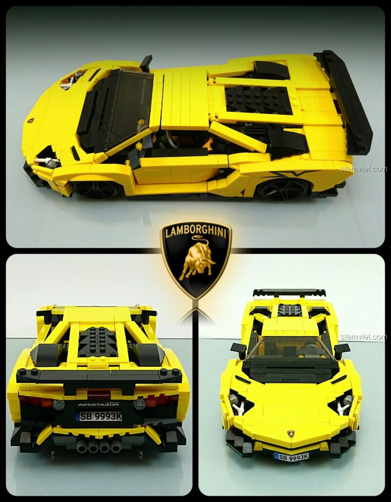 Tổng hợp các góc chụp của bộ đồ chơi Mô hình Lamborghini Aventador, cho thấy thiết kế tổng thể và các chi tiết nhỏ.