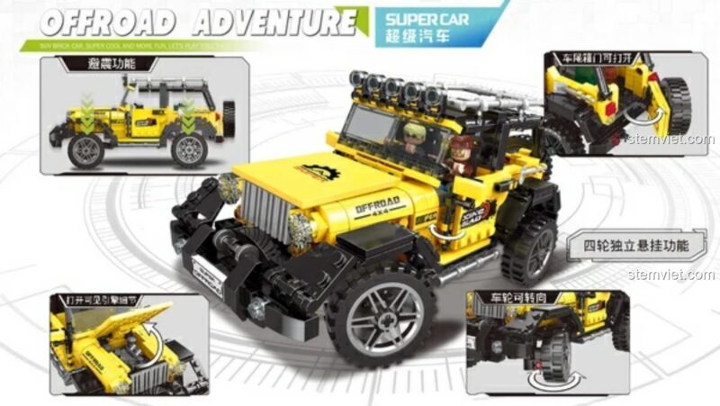 Các tính năng của bộ lắp ráp xe off-road Xingbao 3024: giảm xóc, mở cửa, đánh lái.