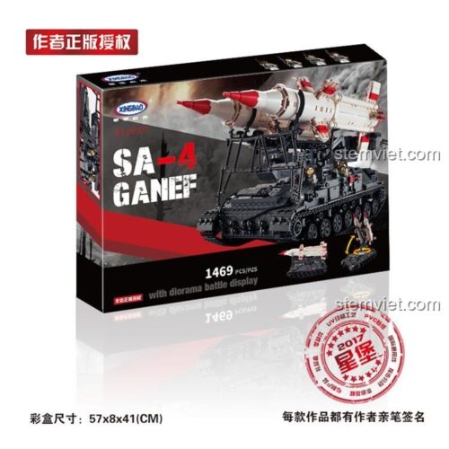 Hộp sản phẩm bộ lắp ghép Xe Tên Lửa SA-4 Ganef XB-06007 của Xingbao, hiển thị 1469 chi tiết và kích thước hộp.