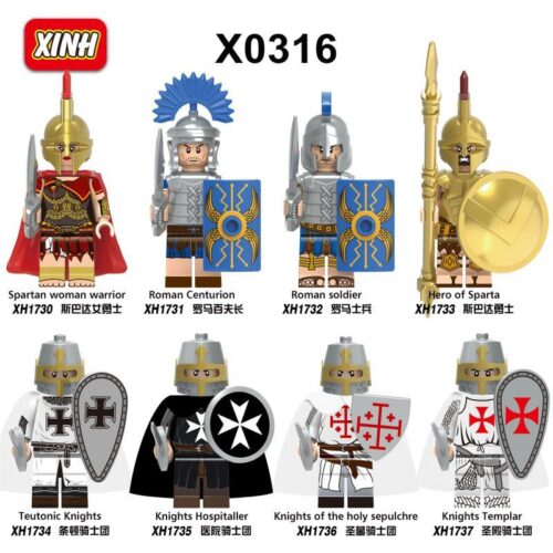 Toàn cảnh bộ 8 minifigure lịch sử XINH X0316, bao gồm lính Sparta, La Mã và các hiệp sĩ Thập Tự Chinh, món đồ chơi giá rẻ cho bé trai 6 tuổi.