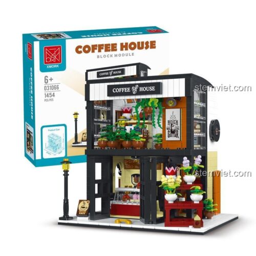 Hình ảnh hộp và mô hình hoàn thiện của bộ xếp hình 031066 Tiệm Cà Phê kết hợp Tiệm Hoa, thể hiện rõ kích thước sản phẩm.