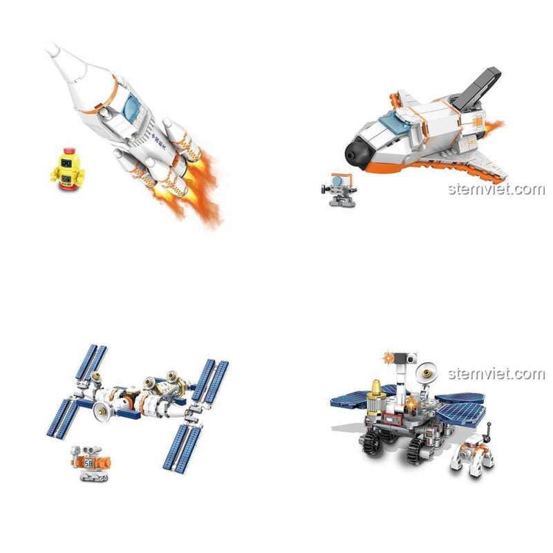 Tổng quan bộ lắp ráp Khám phá không gian Yonglexing 22005 với Tên lửa, Phi thuyền, Trạm không gian và Xe thám hiểm.