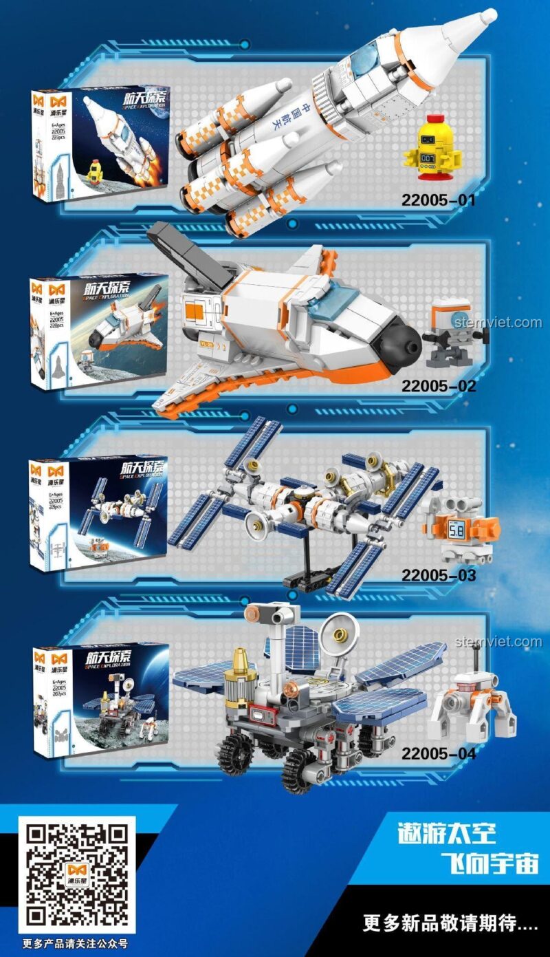 Chi tiết các hộp nhỏ của bộ lắp ráp Khám phá không gian Yonglexing 22005, mỗi hộp một mẫu riêng biệt.