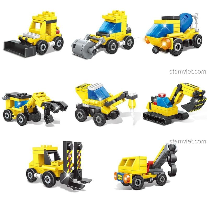 8 mẫu xe công trình riêng lẻ từ bộ lắp ráp Robot Biến Hình Xe Công Trình 8 Trong 1 Yonglexing 88002, đồ chơi xây dựng cho bé trai, chất lượng tốt.