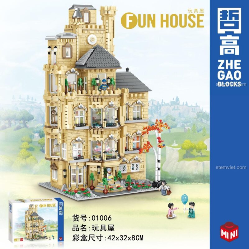 Mô hình Ngôi Nhà Vui Vẻ Zhe Gao 01006 và kích thước hộp 42x32x8cm, bộ lắp ghép 4851 chi tiết, đồ chơi mô hình chất lượng cao cho bé gái 6 tuổi.