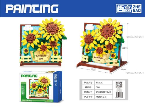 Kích thước hộp và mô hình Tranh Hoa Hướng Dương Zhe Gao DZ1013, bộ xếp hình 580 mảnh, phù hợp bé 6 tuổi, chất lượng cao.