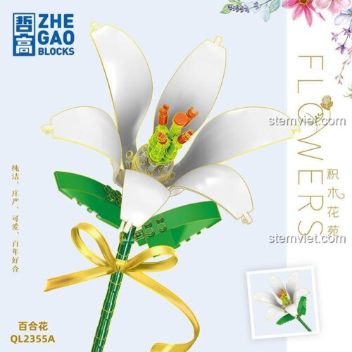 Hộp đồ chơi lắp ghép Hoa Bách Hợp Zhe Gao QL2355A, bộ lắp ráp hoa cho bé gái 6 tuổi, chất lượng cao.
