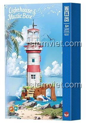 Mô hình ngọn hải đăng có nhạc ZHEGAO 663007 sau khi lắp ráp hoàn thiện, có cá heo và mòng biển.
