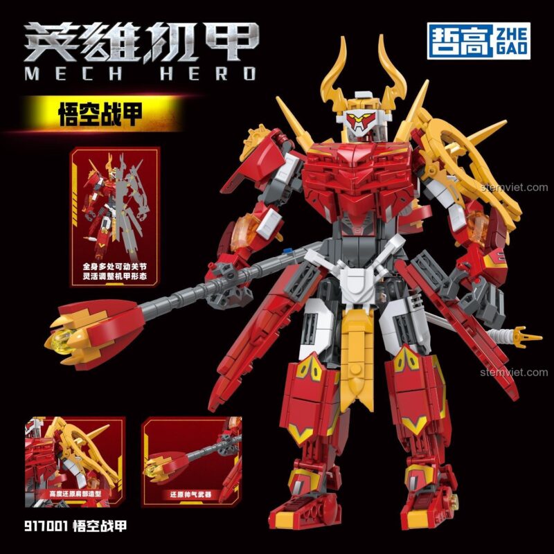 Chi tiết bộ lắp ghép Chiến Giáp Ngộ Không ZHEGAO 917001, đồ chơi lắp ráp Robot Tôn Ngộ Không với vũ khí gậy như ý, khớp nối linh hoạt