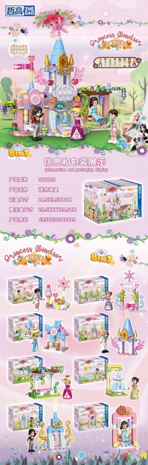 Thông tin chi tiết đồ chơi mô hình ZHEGAO 921009, kích thước hộp và các mẫu lắp ráp nhỏ của Lâu đài công chúa mini.