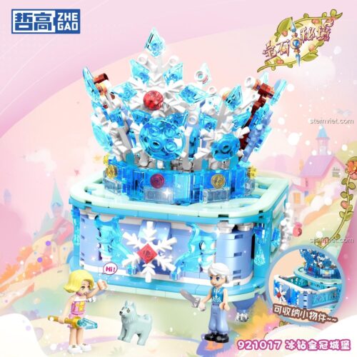 Mô hình Lâu Đài Vương Miện Băng Giá ZHEGAO 921017 sau khi lắp ráp hoàn chỉnh cùng 2 minifigures và thú cưng.