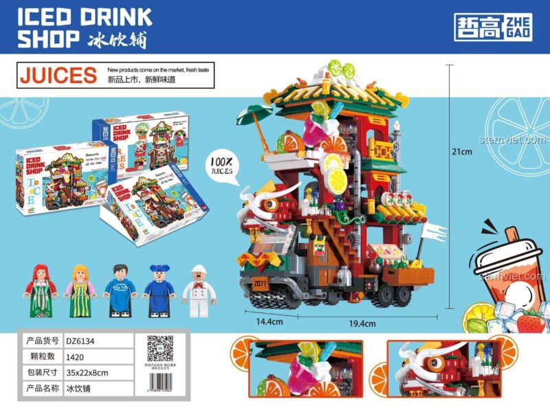 Ảnh poster của bộ xếp hình DZ6134, hiển thị kích thước, 5 minifigures và các hộp sản phẩm. Một lựa chọn giá tốt cho người yêu thích đồ chơi xây dựng.