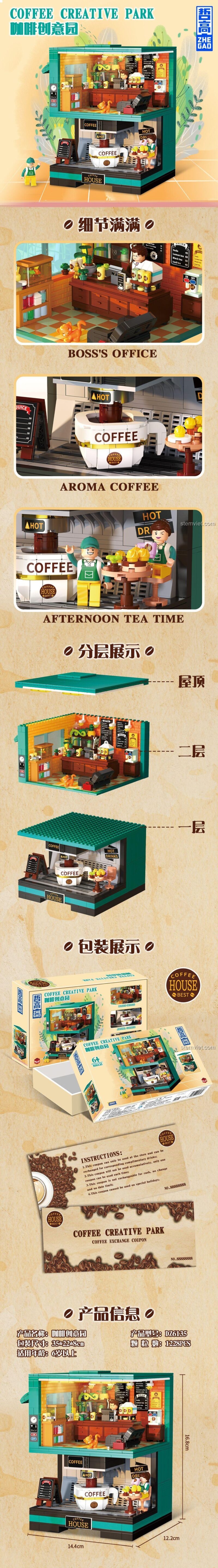 Các chi tiết bên trong đồ chơi lắp ráp Mô hình Coffee House ZHEGAO, thể hiện sự tinh xảo và sáng tạo.