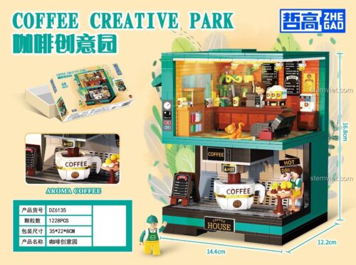 Kích thước và thông số chi tiết của đồ chơi mô hình ZHEGAO 6135 Tiệm cà phê mini, bao gồm 1228 mảnh ghép.