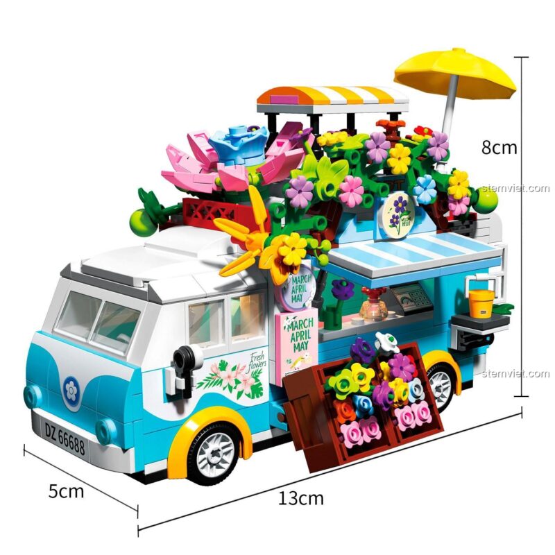Kích thước chi tiết của đồ chơi xếp hình ZHEGAO DZ7005, dài 13cm, cao 8cm, rộng 5cm.