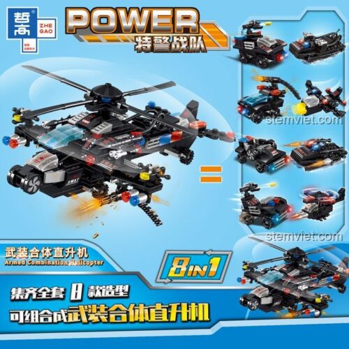 Mô hình lắp ghép Zhegao QL0256 trực thăng chiến đấu hợp thể từ 8 xe nhỏ, đồ chơi sáng tạo cho con trai.