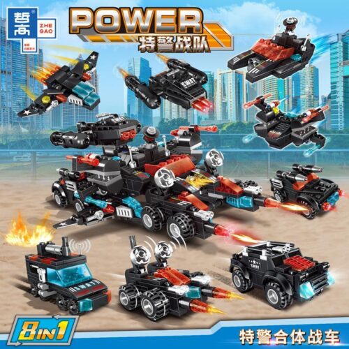 bộ lắp ráp Xe Chiến Đấu Hợp Thể SWAT ZHEGAO QL0257 cho bé trai 6 tuổi, giá rẻ. Mô hình hợp thể từ 8 xe đặc nhiệm nhỏ.