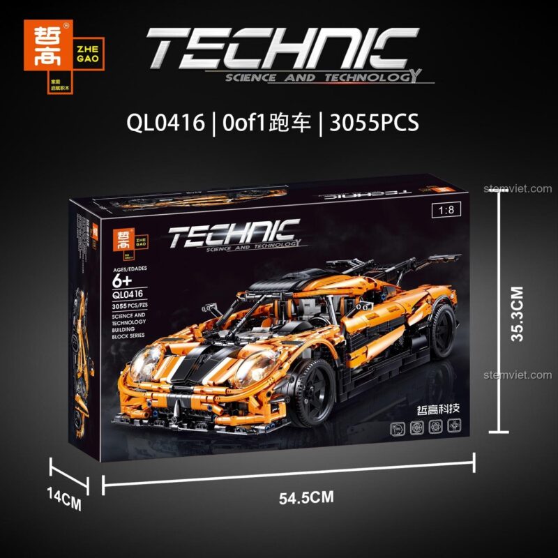 Kích thước hộp bộ lắp ráp ZHEGAO QL0416 Siêu xe Koenigsegg One:1, món quà sinh nhật ý nghĩa cho con trai.