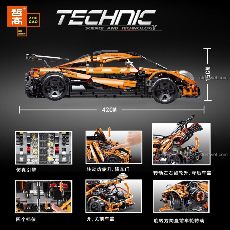Các tính năng của mô hình ZHEGAO QL0416 Koenigsegg One:1: cửa mở, động cơ, hộp số, vô lăng hoạt động.