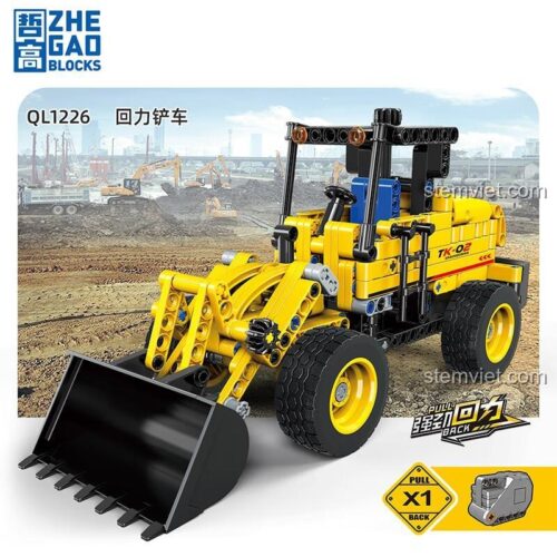 Hộp đồ chơi xếp hình ZHEGAO QL1226 xe xúc lật, có động cơ kéo lùi mạnh mẽ.