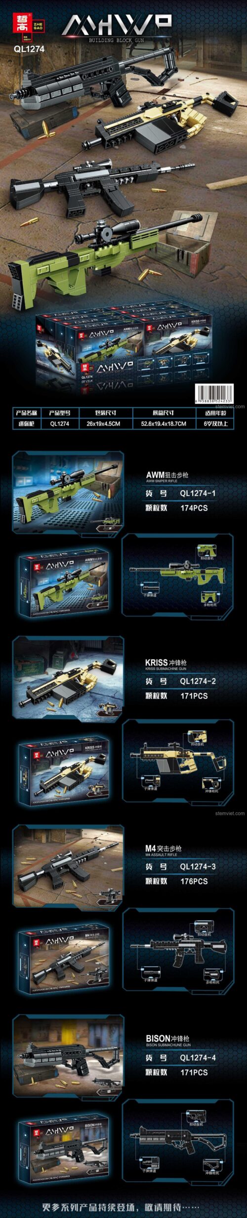 Bộ lắp ráp súng tiểu liên KRISS Vector ZHEGAO QL1274-2 và các mẫu súng khác trong series. Đồ chơi cho bé trai 6 tuổi, giá rẻ.