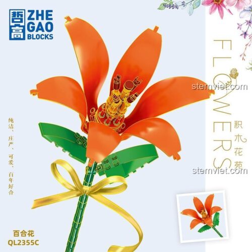 Đồ chơi lắp ráp Hoa Bách Hợp ZHEGAO QL2355C màu cam, bộ xếp hình Hoa Lily đẹp mắt, quà tặng ý nghĩa cho bé gái 6 tuổi.
