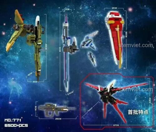 Kích thước vũ khí và trang bị của đồ chơi mô hình 66 Bricks 771 Gundam Strike, bao gồm khiên, súng và kiếm.