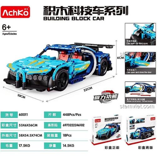 Đồ chơi lắp ráp AchKo 60011 Xe Đua Bugatti Chiron với tính năng kéo lùi, mở cửa và nắp capo, thể hiện kích thước mô hình và hộp, phù hợp bé trai 6 tuổi.
