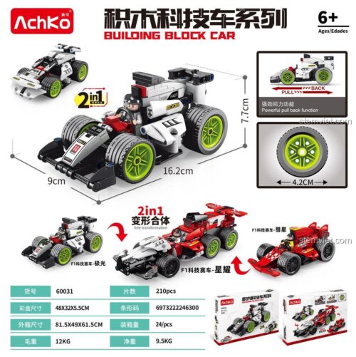 Hộp bộ lắp ráp AchKo 60031 Xe Đua F1 Công Nghệ, thể hiện kích thước mô hình Xe Đua Kéo Lùi và tính năng lắp được 2 kiểu, đồ chơi mô hình cho bé trai 6 tuổi.