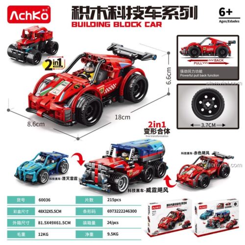 Hộp sản phẩm bộ lắp ráp AchKo 60036 xe đua công nghệ, đồ chơi lắp ghép AchKo 60036 với tính năng 2in1 và động cơ kéo lùi, bộ đồ chơi AchKo 60036 cho bé trai 6 tuổi