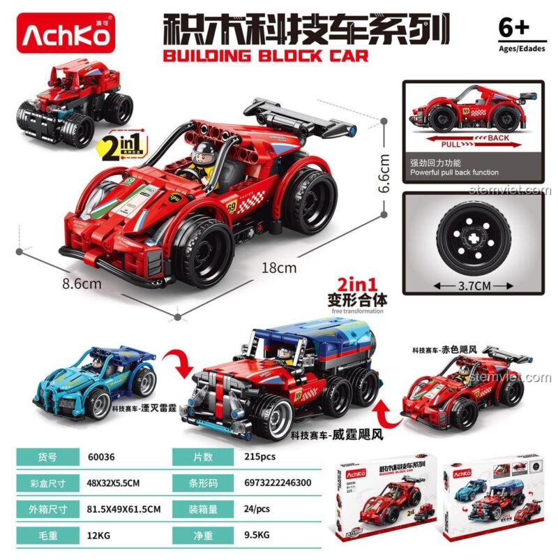 Hộp sản phẩm bộ lắp ráp AchKo 60036 xe đua công nghệ, đồ chơi lắp ghép AchKo 60036 với tính năng 2in1 và động cơ kéo lùi, bộ đồ chơi AchKo 60036 cho bé trai 6 tuổi